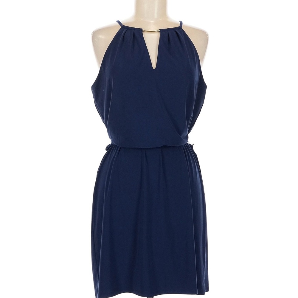 White House Black Market Navy Halter Mini Dress with Gold Accent